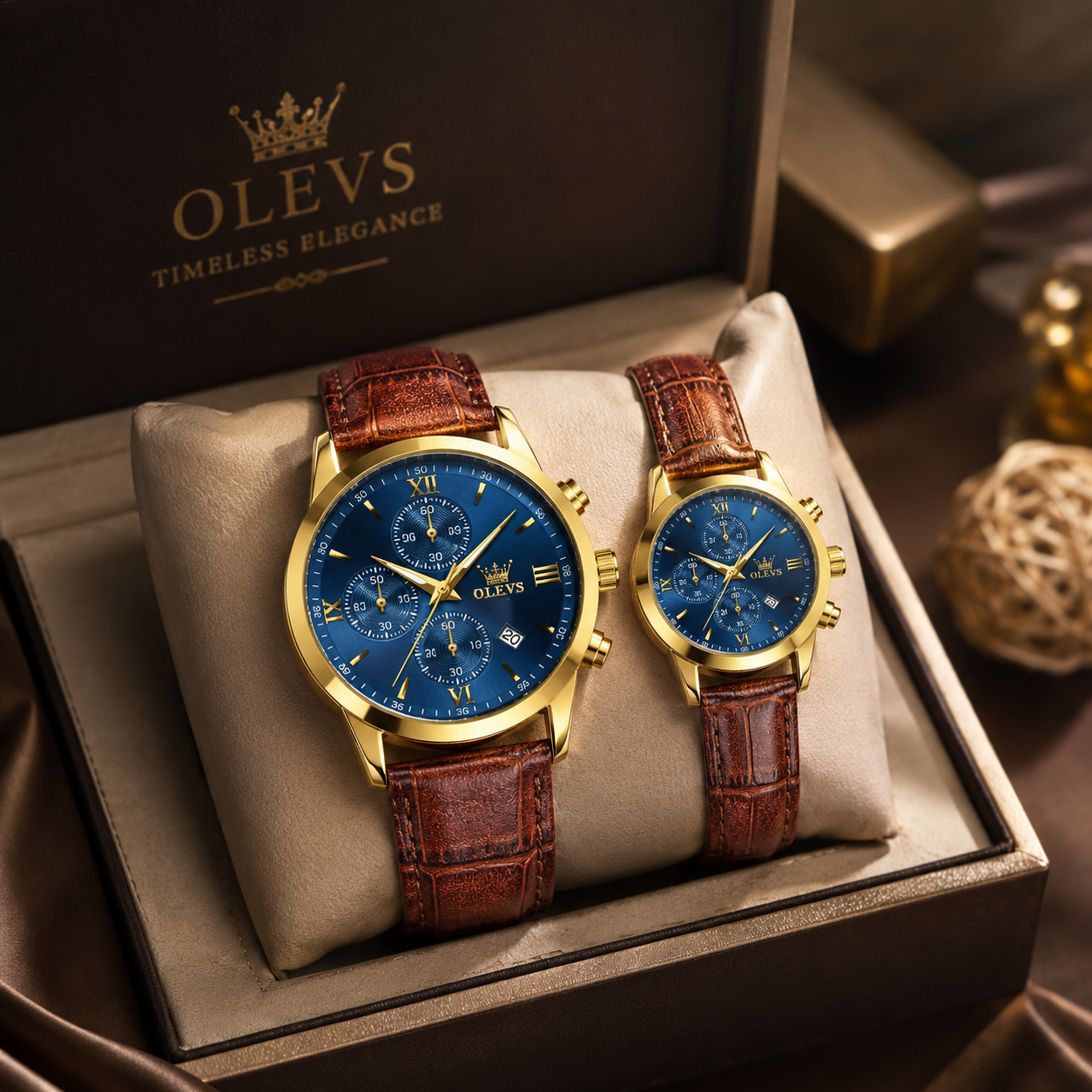 OLEVS Premium Luxury Couple Watch | Leather Strap Men's & Women's Watch Set (Code: 13142)